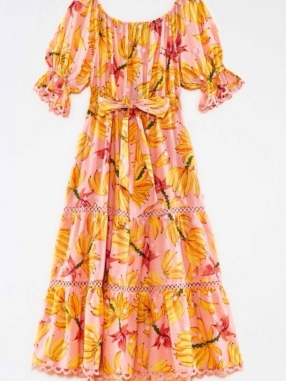 FARM Rio Pink and Yellow Floral Midi Tie-Waist Dress